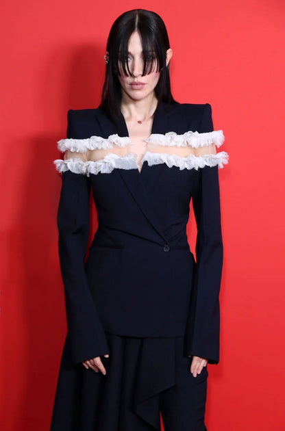 Frayed Ruffle Detail Suit Navy Blue HV2804