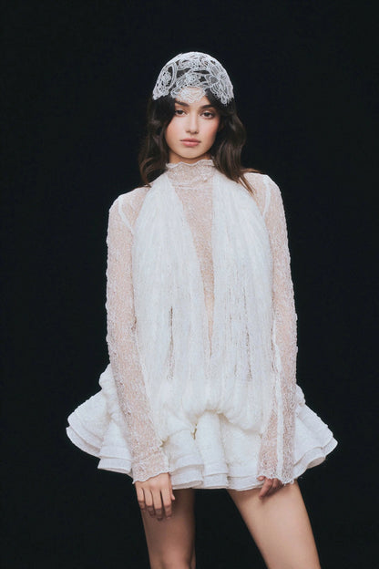 Long Sleeve Draped Lace Ruffle Dress White HV3119