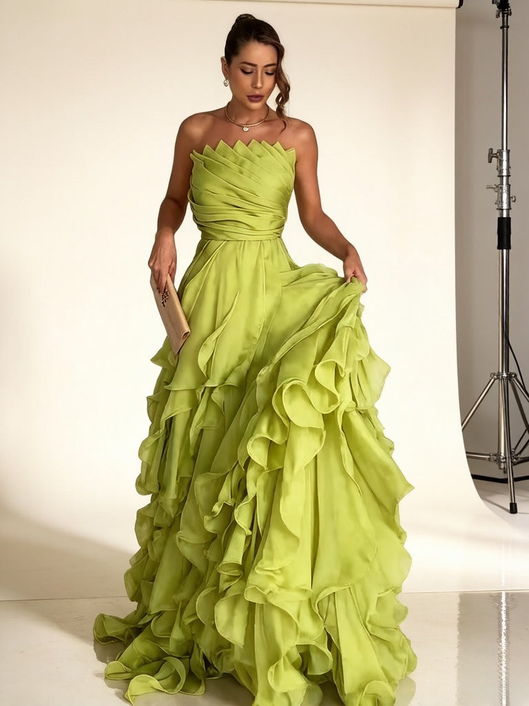 Strapless Ruffle Maxi Dress Lime Green HV3120