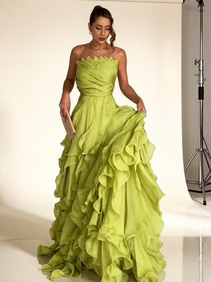 Strapless Ruffle Maxi Dress Lime Green HV3120