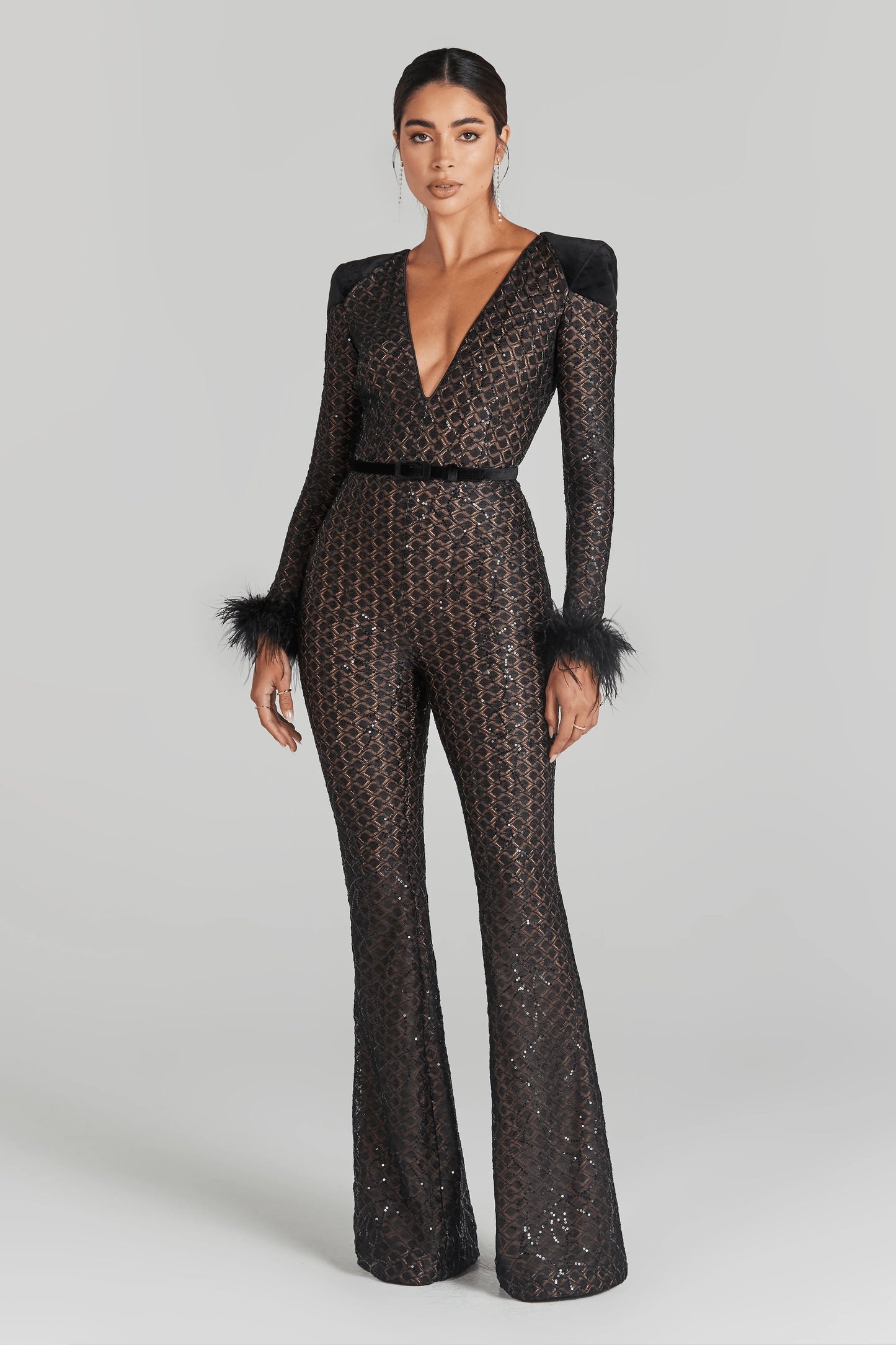 Feather Long Sleeve Sequin Jumpsuit Black HV1470