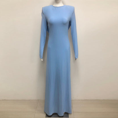 ชุดเดรสยาวแขนยาวดีไซน์หลังเปิดสีน้ำเงิน HV2628