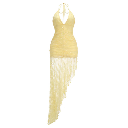 Halter Ruched Asymmetric Lace Maxi Dress HV3083