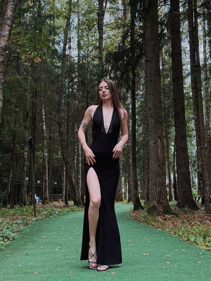 Halter Lace Bustier Maxi Dress Black HV0153