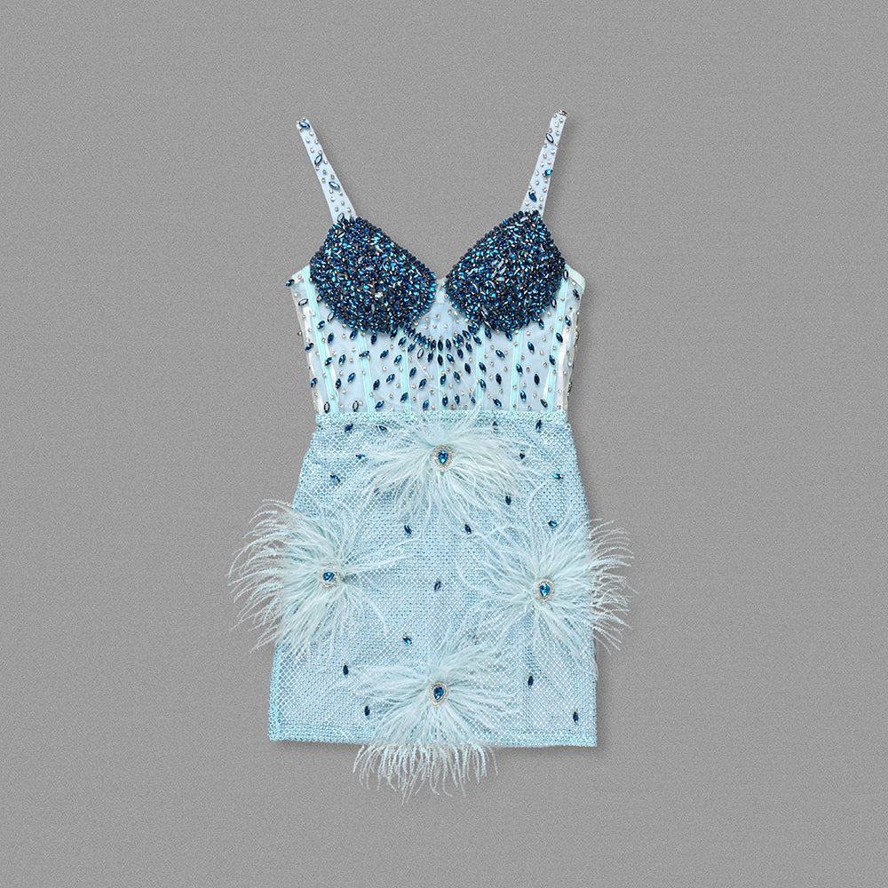 Crystal Bustier Feather Detail Dress Blue HV2192