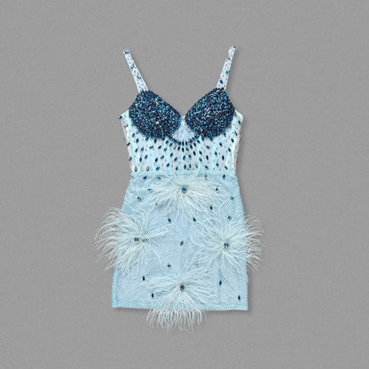 Crystal Bustier Feather Detail Dress Blue HV2192