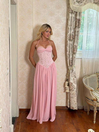Halter Lace Corset A Line Maxi Dress HV0149