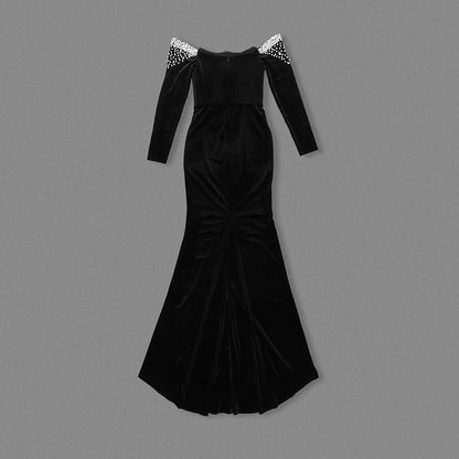 Long Sleeve Bardot Pearl Maxi Velvet Dress Black HV2093