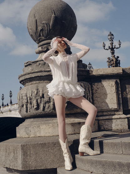 Long Sleeve Draped Lace Ruffle Dress White HV3119