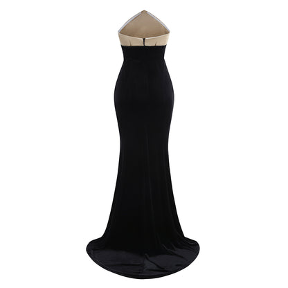 Strapless Mermaid Maxi Velvet Dress Black Ivory  HV2111