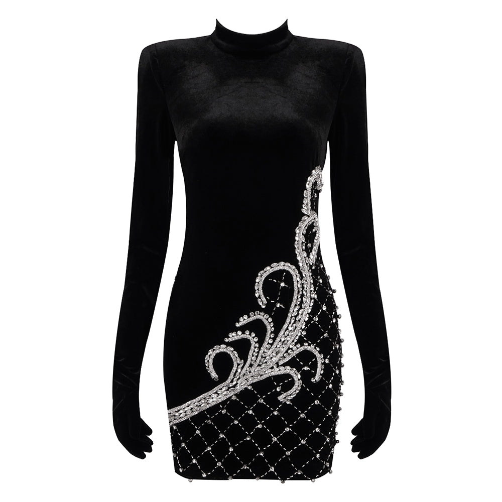 Long Sleeve Crystal Filigree Velvet Dress Black HV1463