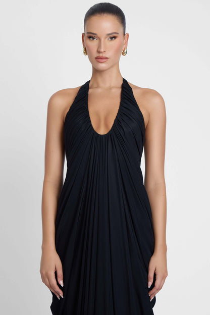 Halter Draped Design Maxi Dress Black HV0068