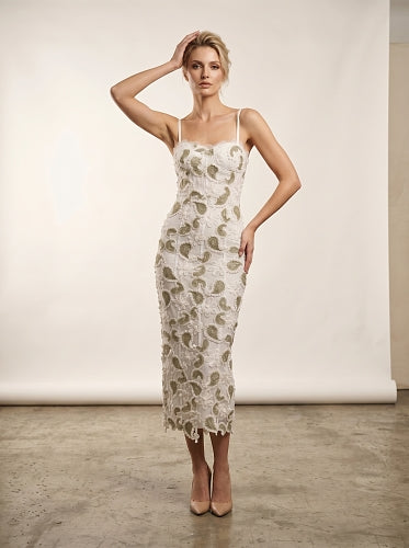 Floral Lace Midi Dress White Green HV3003