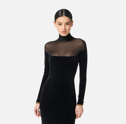 Long Sleeve Mesh Insert Maxi Velvet Dress Black HV0055