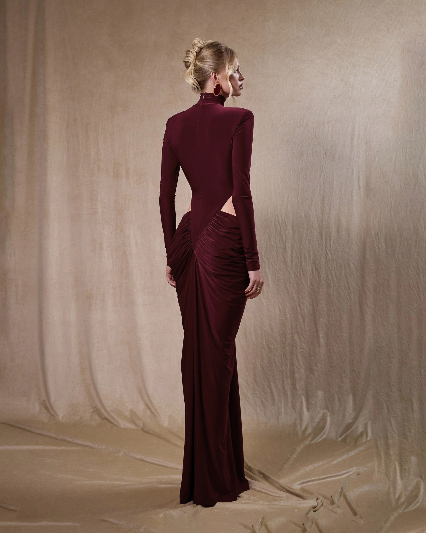 Long Sleeve Draped Cut Out Detail Maxi Dress Burgundy HV2675