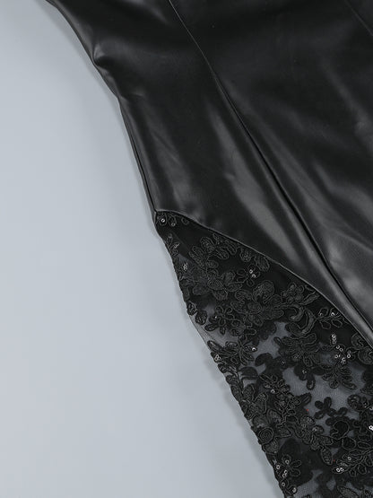 Strapless Sequin Lace Maxi Faux Leather Dress Black