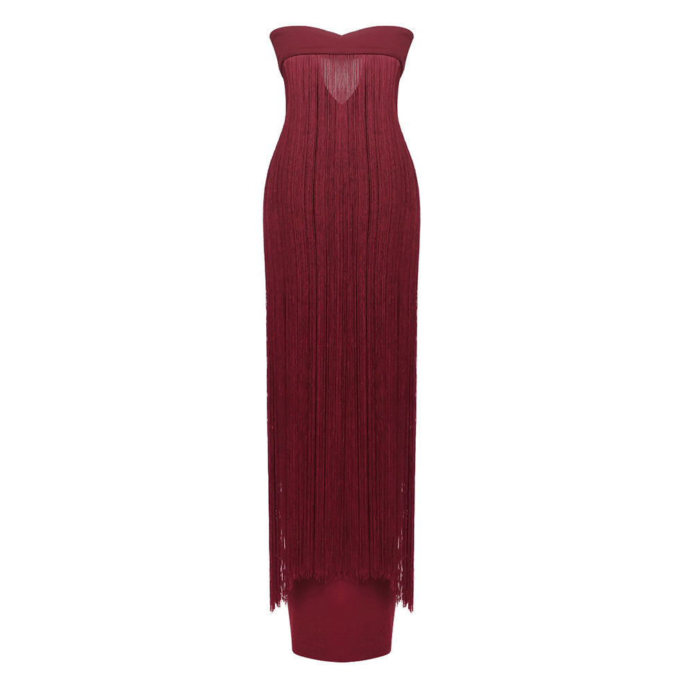 Strapless Tassel Maxi Dress Burgundy HV2688