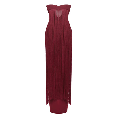 Strapless Tassel Maxi Dress Burgundy HV2688