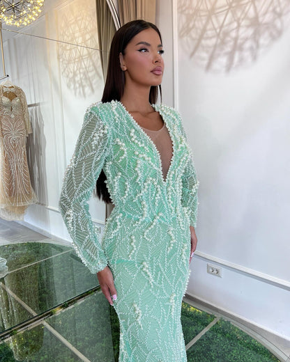 Long Sleeve Pearl Sequin Maxi Dress Green HV2859