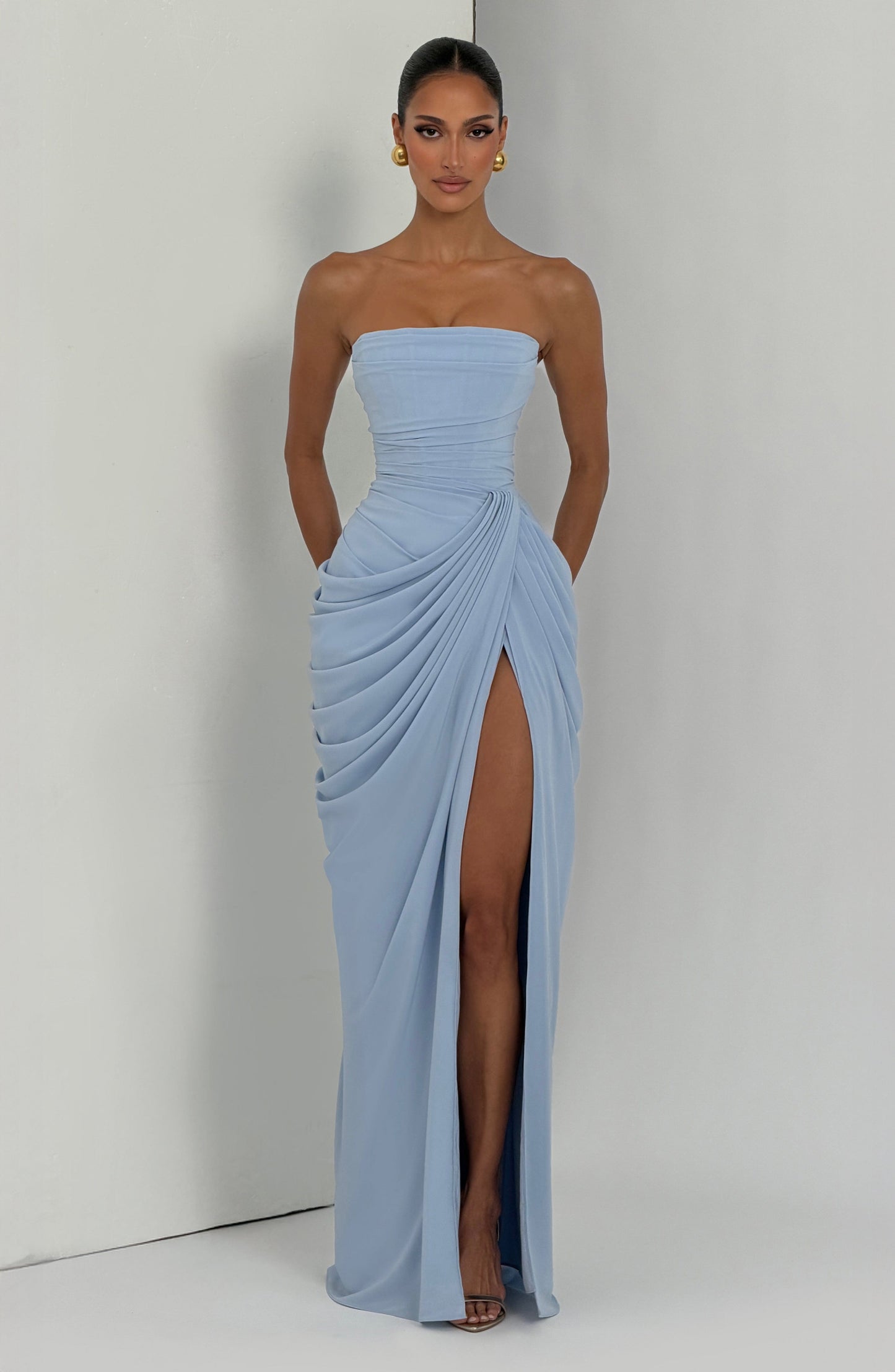 Strapless Draped Design Corset Maxi Dress Blue HV2964