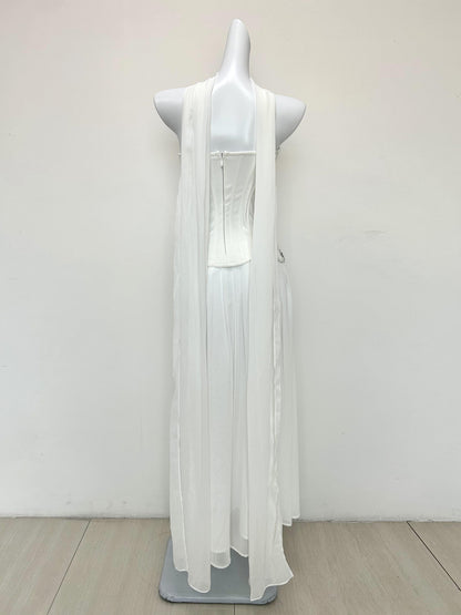 Strapless Embellished Bustier A Line Maxi Dress White HV3181