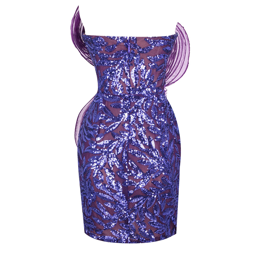 Strapless Sequin Floral Dress Purple HV1626