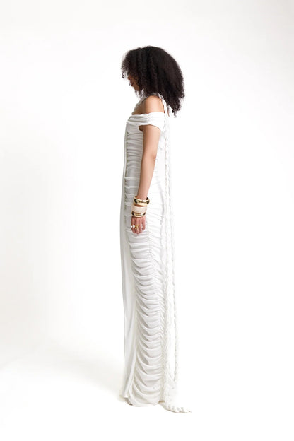 Braid Detail Bardot Ruched Maxi Dress White HV1713