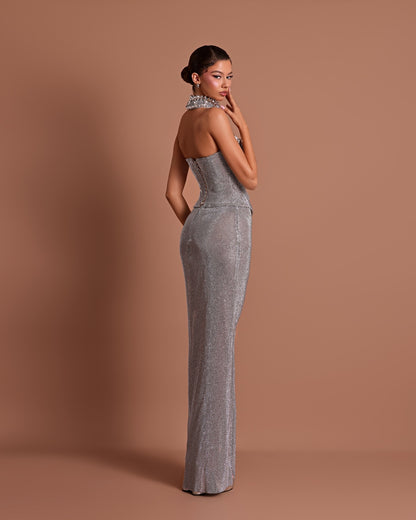 Strapless Crystal Choker Maxi Dress Silver HV2950