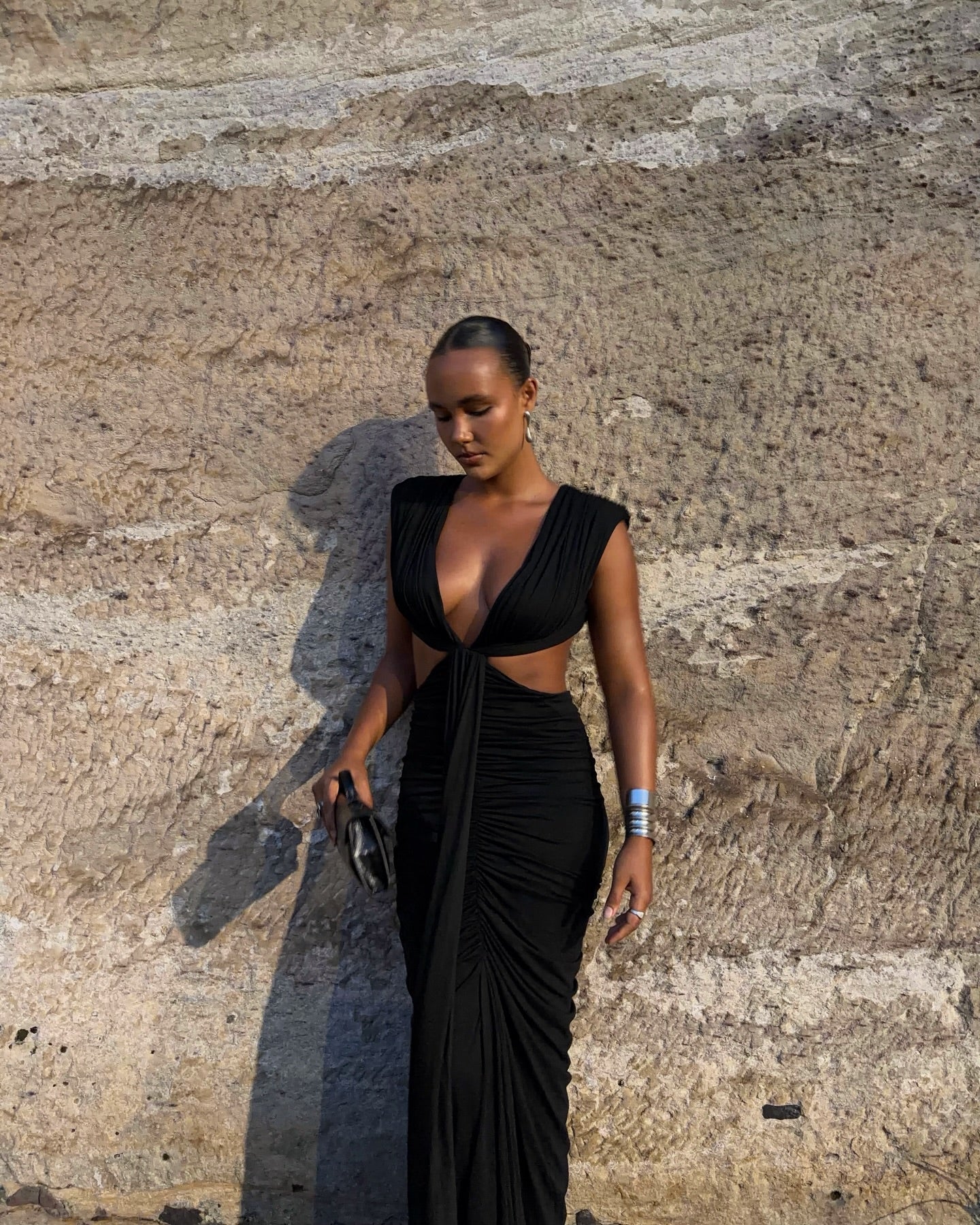 Draped Cut Out Sides Maxi Dress Black HV3141