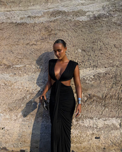 Draped Cut Out Sides Maxi Dress Black HV3141