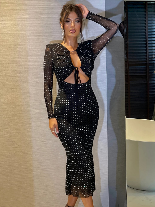 Long Sleeve Crystal Cut Out Midi Dress Black HV1191