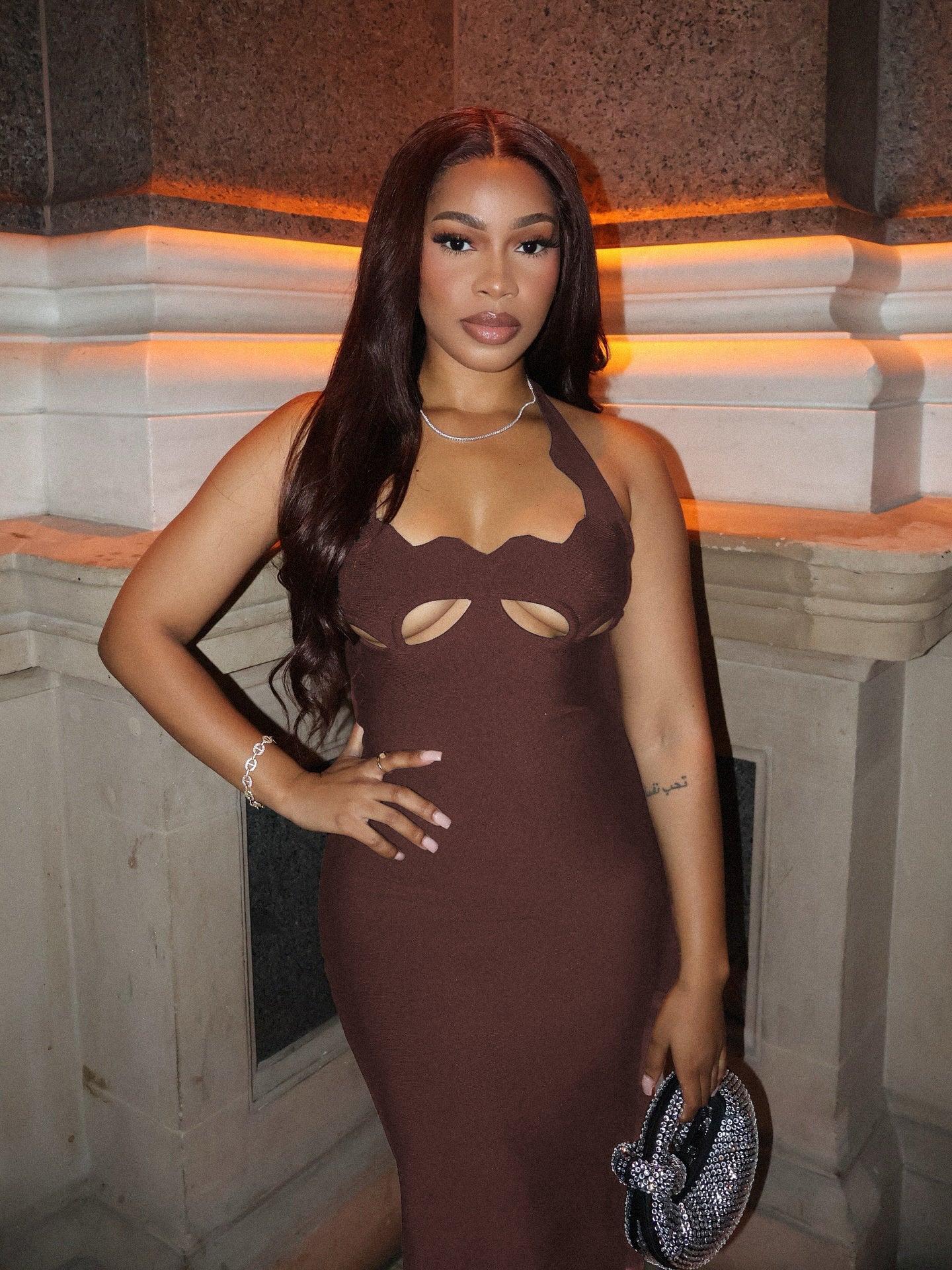 Halter Underboob Cut Out Maxi Dress Brown HV8518