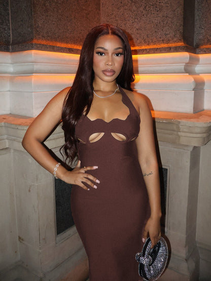 Halter Underboob Cut Out Maxi Dress Brown HV8518