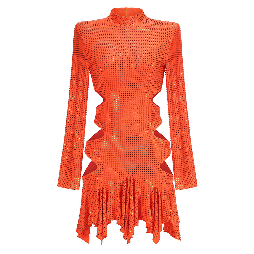 Long Sleeve Embellished Cut Out Dress Orange HV1542