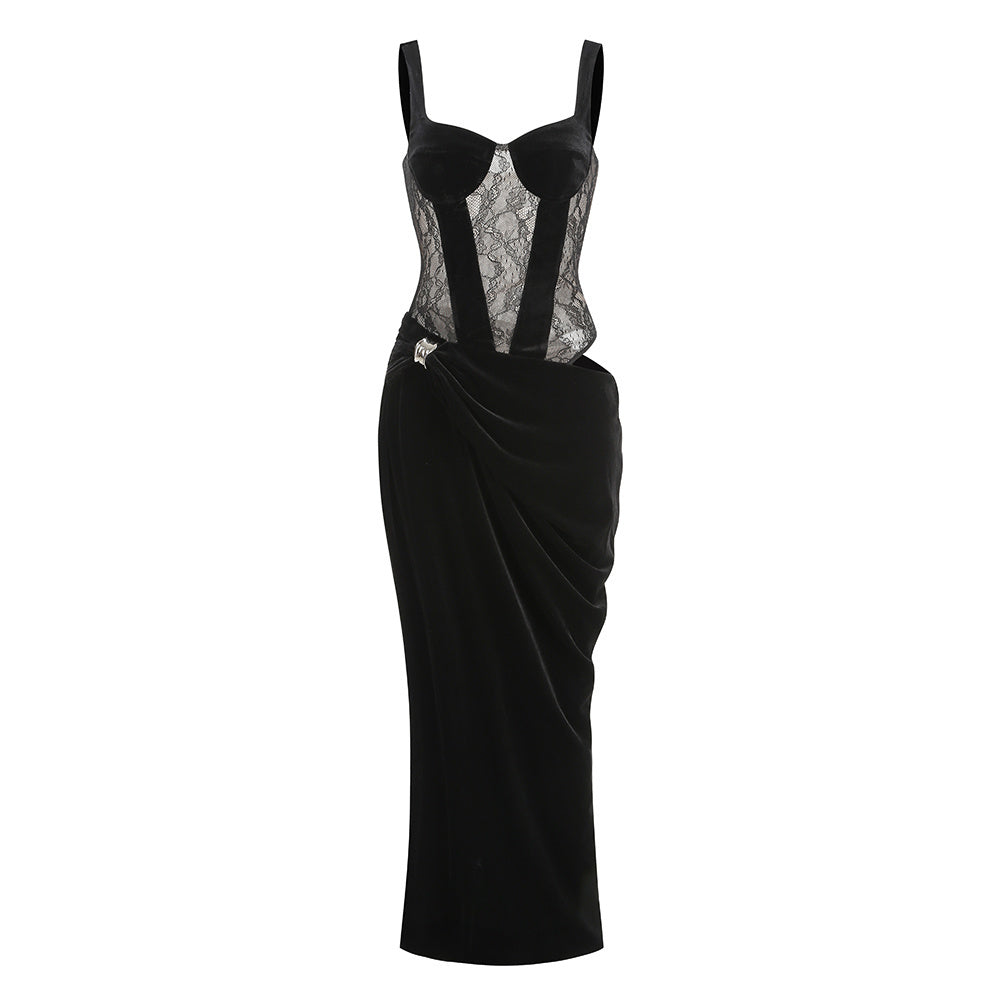 Lace Bustier Draped Maxi Velvet Dress Black HV2918