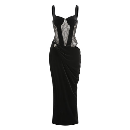 Lace Bustier Draped Maxi Velvet Dress Black HV2918