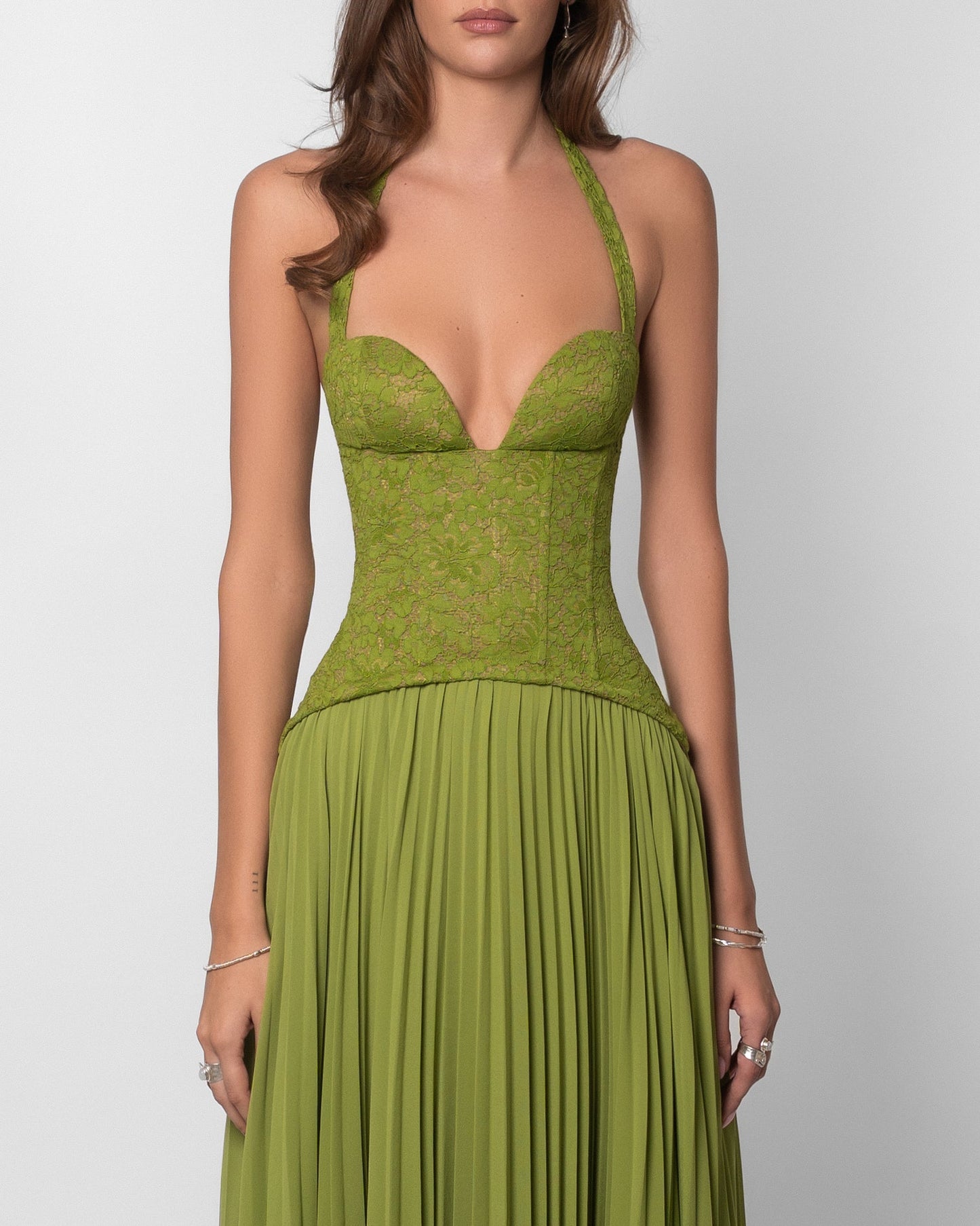 Halter Pleated Corset Maxi Dress Green HV0095