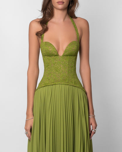 Halter Pleated Corset Maxi Dress Green HV0095