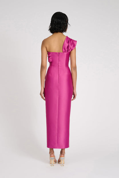 One Shoulder Draped Midi Dress Hot Pink HV3004