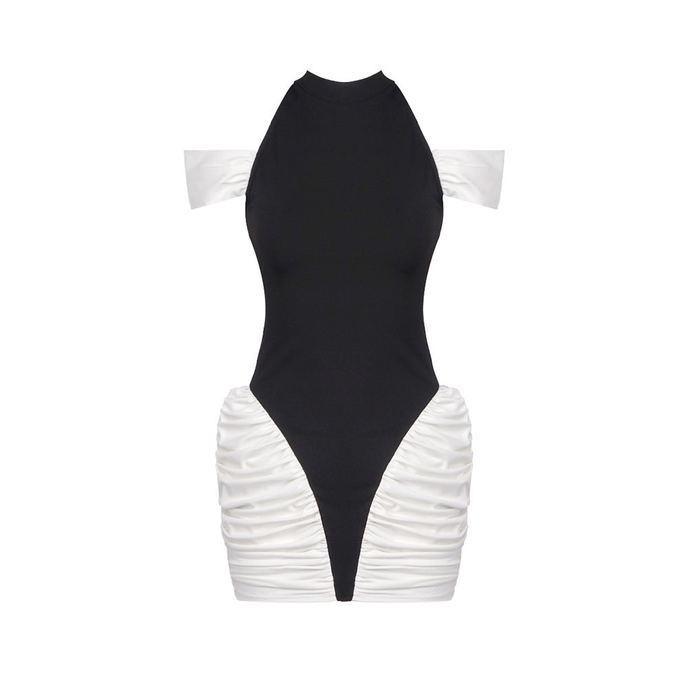 Cold Shoulder Ruched Dress Black White HV2660