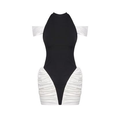 Cold Shoulder Ruched Dress Black White HV2660