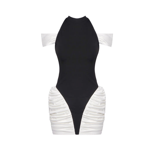 Cold Shoulder Ruched Dress Black White HV2660