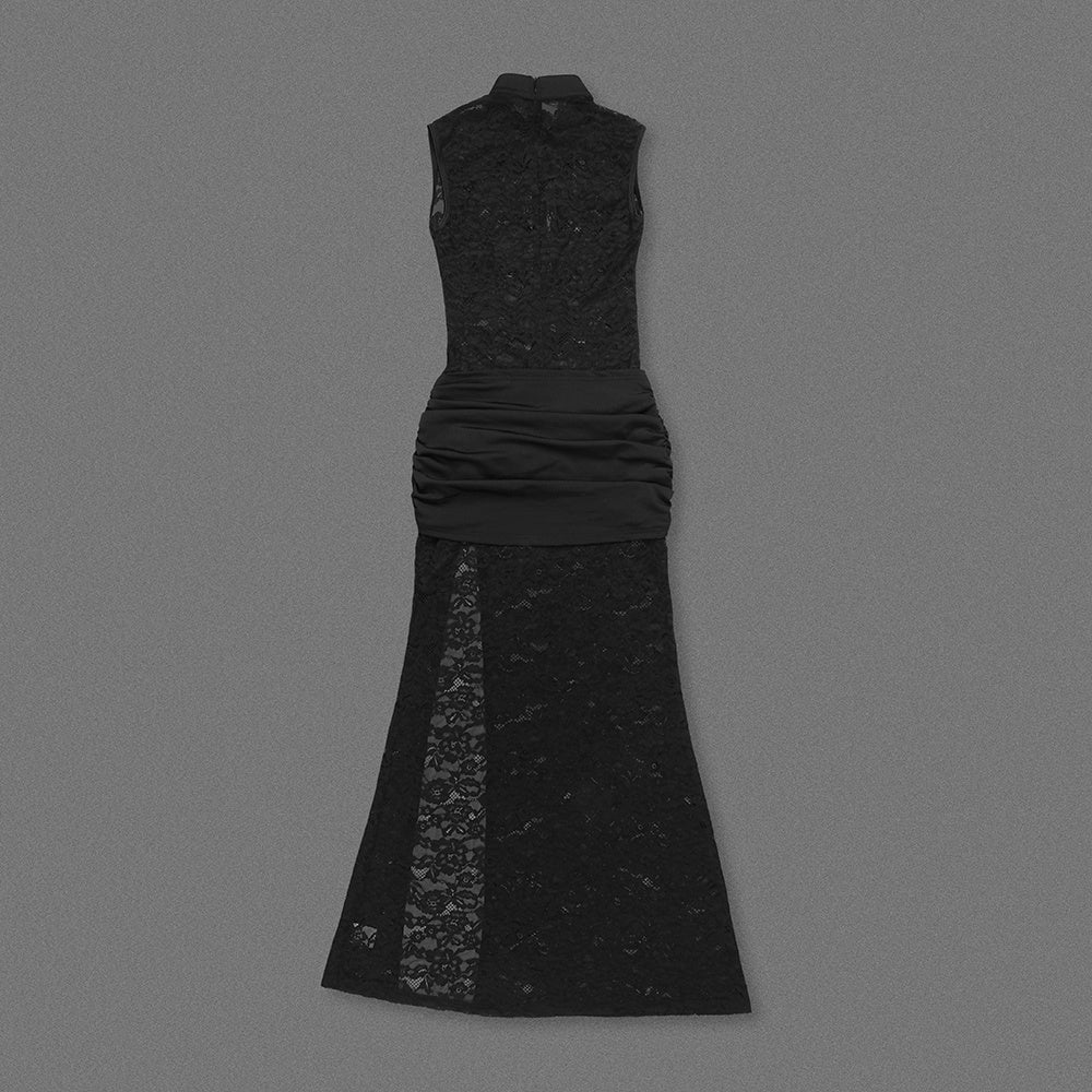Cut Out Detail Lace Maxi Dress สีดำ HV0020