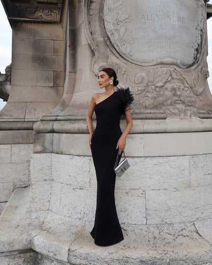 Feather One Shoulder Mermaid Maxi Dress Black HV9959
