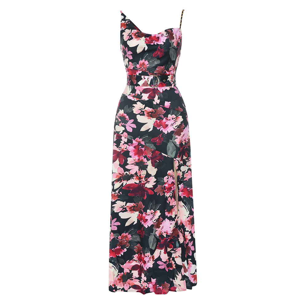 Floral Belt Maxi Dress Navy Pink HV9796