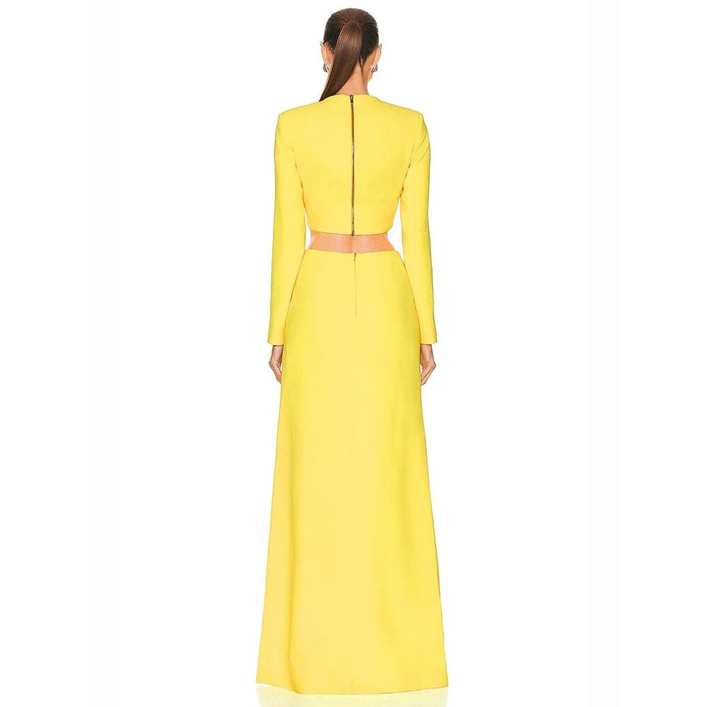 Long Sleeve Star Detail Two Piece Maxi Dress Yellow  HV9902