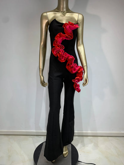 Strapless Ruffle Jumpsuit Black   HV1604