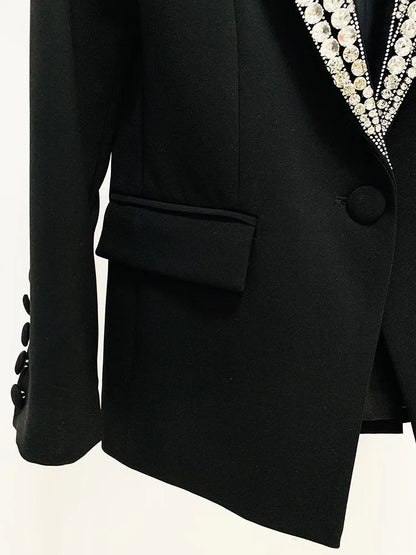 Long Sleeve Crystal Lapel Blazer Black