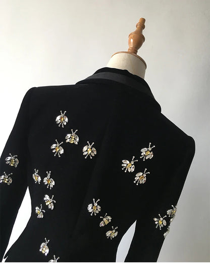 Long Sleeve Crystal Bee Velvet Blazer Black