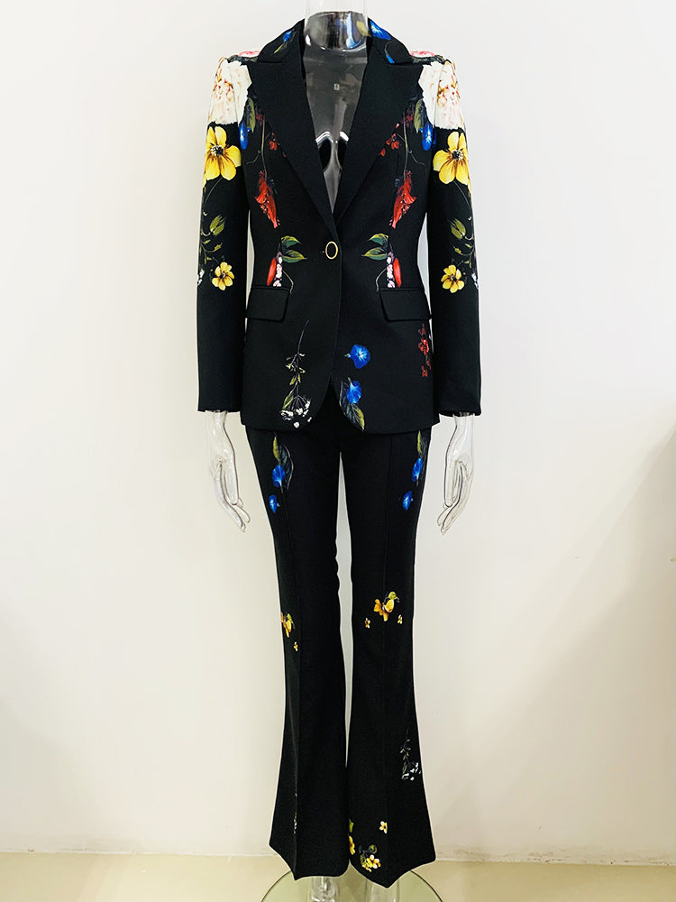 Long Sleeve Floral Design Suit Black